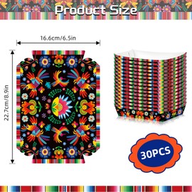 30 Pack Fiesta Mexican Food Trays, Floral and Serape Stripe Design Disposable Paper Serving Containers Boats for Taco Nights, Nachos, Fries, Popcorn, Snacks, Cinco de Mayo and Birthday Party Supplies