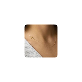 Rumgey Cross Necklace for Women, 14K Gold Plated Cross Necklace Stainless Steel Sideway Cross Pendant Simple Religious Belief Necklaces for Women Gold Jewelry for Women