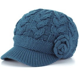 Gorro de punto para mujer con visera, forro polar de felpa cálida, Flor de cable azul de acero, Talla única