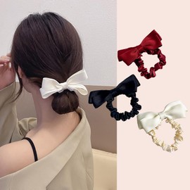 3 Pcs Bow Scrunchies with Elastic Hair Ties, 3 Colors French Simple and Cute Silk Scrunchies Hair Ties Bobbles Elastic Hair Ties Ropes Ponytail Holder Hair Accessories for Women