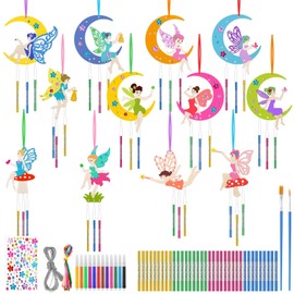 Wind Chime Craft Set Children, 12 Pieces Fairy Wind Chime Wooden Crafts, Wind Chime Painting Craft Crafts, Fairies Birthday Decoration, Creative Craft Sets for Children, DIY Crafts Girls 3 4 5 6 7 8 9