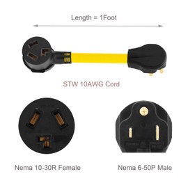 Nema 6-50P to 10-30R Power Adapter Cord, 50A Welder Male to 30A Dryer Female Adapter, STW 10AWG Length= 1Foot