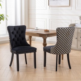 LZ LEISURE ZONE Dining Chairs Set of 2, Upholstered Accent Chairs with Solid Wood Legs, Nailhead Trim, Back Ring Pull and Button Design, Seat Height 20", Black+Pattern