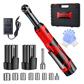 SOARFLY 3/8" Cordless Ratchet Wrench, Extended Electric Ratchet Wrench, 40 Ft-Lbs 450 RPM 16.8V Cordless Battery Powered Ratchet Wrench Set with 2 Batteries, Variable Speed, 7 Sockets, LED Light