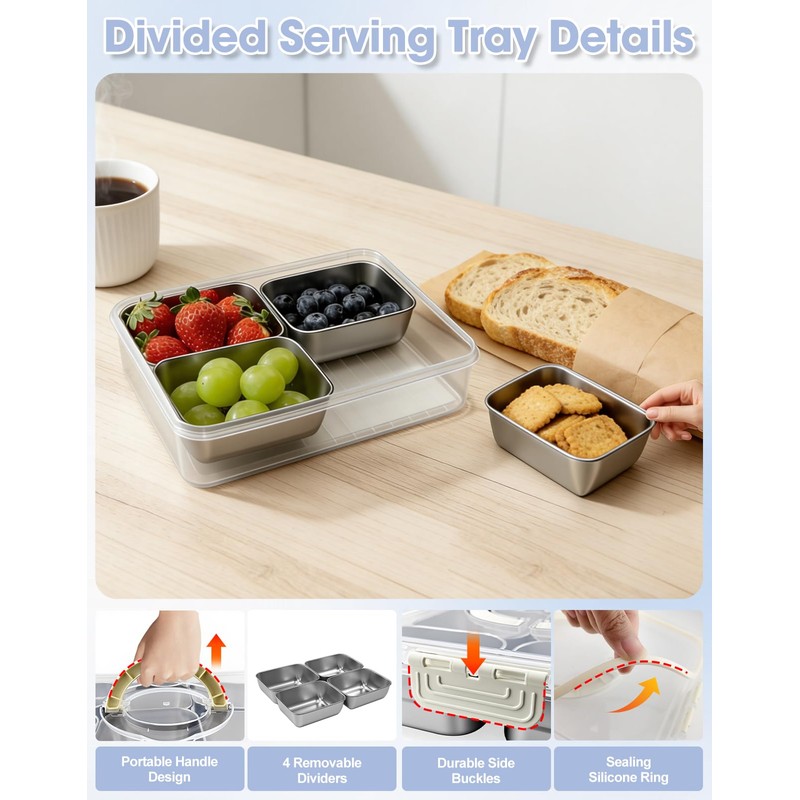 WanshengLe 4 Compartment Stainless Steel Snackle Box 3.82L with Lids