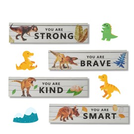 Zoyiancy 4PCS Dinosaur Sign for Wall, Wooden Hanging Signs Positive Plaque, Watercolor Dinosaur Motivational Art Bedroom Decor for Boys Girls