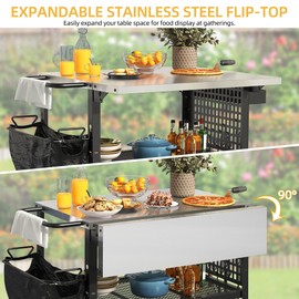 DWVO Outdoor Grill Cart Pizza Oven Table with Stainless Steel Tabletop, 31.5'' L x 27.6'' W Grill Table Movable with Storage 3-Tier Adjustable Shelf, Drop Leaf and Spice Rack for Patio, BBQ
