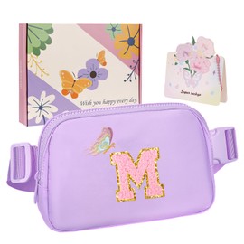 ONETOALL Birthday Gifts for 4 5 6 7 8 9 10 11 12 13 Year Old Girls, Small Waist Fanny Pack, Crossbody Belt Bag with Initial Letter Patch, Nylon, Adjustable Strap, for Teen Girls