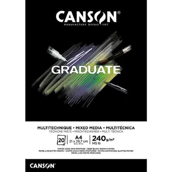 Canson Graduate Mix Media Pad Glue A4 20 Sheets Black Fine 240g C31250P017