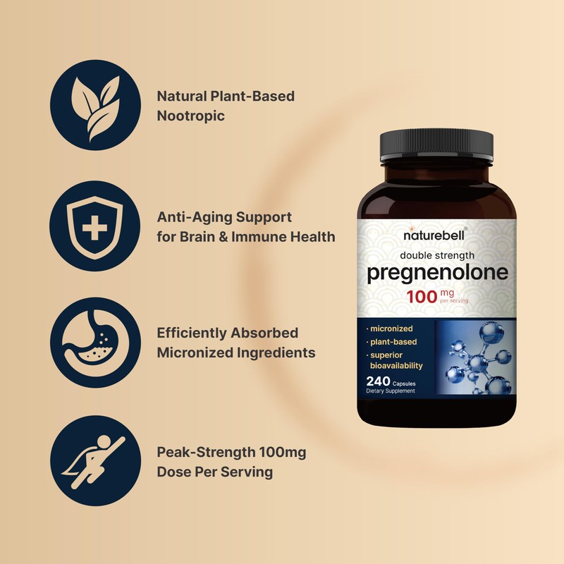 NatureBell Pregnenolone 100mg, 240 Capsules | 99% Purity, Micronized Grade