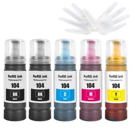 5Pack Compatible 104 Ink Bottles 4500 Pages Black 7500 Pages CMY for ET-2710 ET-2711 ET-2712 ET-2714 ET-2715 ET-2720 ET-2721 ET-2726 ET-4700 ET-2810 ET-2815 ET-2820 ET-2821 ET-2825 Printers
