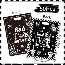 Aposwow Bad Two The Bone Party Decorations - 50 Pcs Skeleton Theme Goodies Candy Gift Treat Bag 2nd Black Party Favor Bags Bad 2 The Bone Birthday Decorations For 2 Year Old