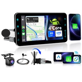 4G+64G Andriod Single Din 9-Inch Touchscreen Car Stereo with Wireless Carplay Android Auto, Car Radio Rotatable Screen 1 Din Bluetooth Mirror Link GPS WiFi, FM/RDS EQ with Backup Camera+Phone Holder