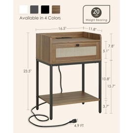 Masupu Nightstand with Charging Station, Modern Bedside Table Night Stand with Storage Drawer and Shelf,Small End Side Table for Bedroom,Living Room,Walnut Brown