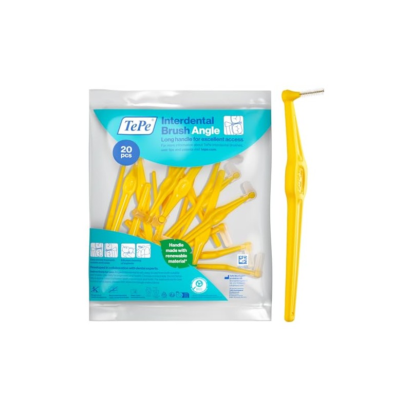 TePe Interdental Brush Angle, Yellow, 0.7mm/ISO 4, 20pcs, Plaque Remover,