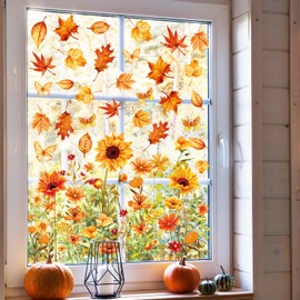 Whaline 6 Sheets Fall Floral Window Clings Watercolor Maple Leaves Sunflowers Window Decals Double-Sided Reusable Windows Stickers for Autumn Harvest Home School Office Thanksgiving Party Supplies