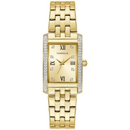 Caravelle by Bulova Ladies' Classic Crystal 3-Hand Quartz Watch, Roman Numeral Markers, Rectangle Case, Curved Mineral Crystal, Gold Tone
