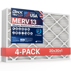 BNX TruFilter 20x30x1 Air Filter MERV 13 (4-Pack) - MADE IN USA - Electrostatic Pleated Air Conditioner HVAC AC Furnace Filters for Allergies, Pollen, Mold, Bacteria, Smoke, Allergen, MPR 1900 FPR 10