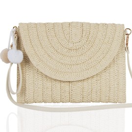 XiXiRan Women's Straw Shoulder Bag, Basket Bags, Women's Braided Straw Shoulder Bags, Pure Handmade Bag, Straw Small Raffia Handbags with Removable Shoulder Strap in Bohemian Style, Beige fur ball