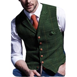 Aesido Casual Men's Vest for Wedding Plaid Soft Wool Tweed Waistcoat for Groosmen Best Man Green XL