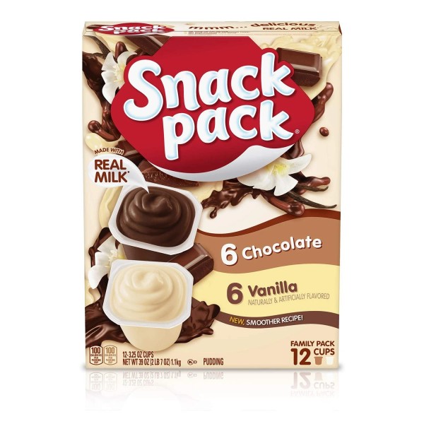 Branded Snack Pack Chocolate and Vanilla Flavored Pudding Cups Family