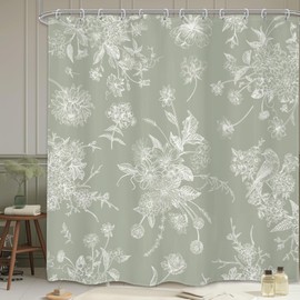 LIGHTINHOME Boho White Green Floral Shower Curtain 72Wx72H Inches Vintage Blossom Bird Retro Rustic Farmhouse Chinoiserie Aesthetic Cream Waterproof Polyester Bathroom Home Decor Set with Hooks