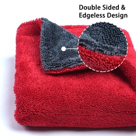 Greenfound Microfiber Towel for Cars, 1000GSM Car Drying Towel, Double Twist Pile & Edgeless Design, No Streaks, Scratches, or Water Spots, Soft and Absorbent, 18"×24", Red&Grey