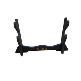 Handmade Sword - Black Wood Double Tier Table Stand with “Bushido” Kanji for Katana & Wakizashi Swords, Red Felt on The Arch, Sword Table Display Holder