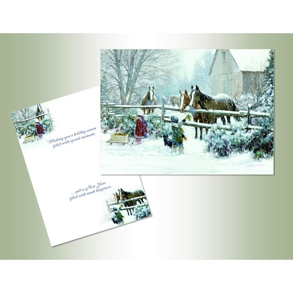 Performing Arts Velvet Touch Finish Boxed Christmas Cards, Full Color Inside Designs, Beautiful Soft Mat Finish, Made In the USA, Feeding Horses Scene (16 cards, 16 envelopes)