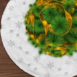 Christmas Tree Skirts, Jsdoin 36 Inch White Plush Double Layers Tree Skirt with Silver Snowflake Printed, Xmas Tree Base Cover for Christmas New Year Home Decoration(90cm)