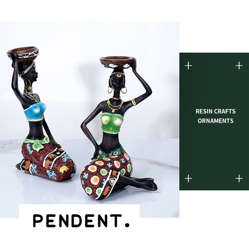 2PCS Vintage African Women Statue Candle Holders Resin Figurines Fits