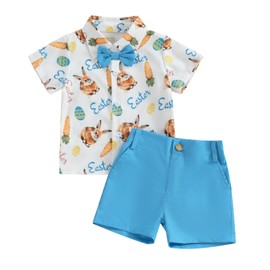 Licupiee Toddler Baby Boys Easter Outfits Carrot Print Short Sleeve Button Up T Shirts and Shorts Set 2Pcs Bunny Shorts Sets (Blue Carrot, 1-2T)