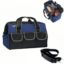 13 Inch Heavy Duty Tool Bag for Men, Waterproof Hard Bottom, Wide Mouth with Zipper Tool Bag, Multi Pocket Organizer for Electricians, Carpenters, Mechanics (Blue)
