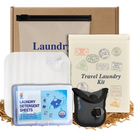 Travel Laundry Gift Set – 5-Piece Bundle with Laundry Detergent Sheets (Fresh Linen Scent), Lightweight Clothesline, Sink Stopper, Foldable Laundry Bag, Canvas Carry Bag & Breathable Frosted Zip Pouch