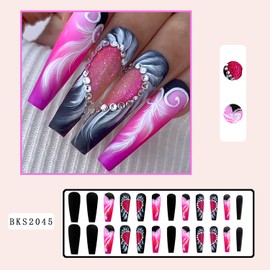 Pink Press on Nails Long Coffin Glossy Artificial Fake Nails with Feather and Heart Designs Ballerina Long Square Acrylic False Nails Glue on Nails Full Cover Stick on Nails Fingernails for Women