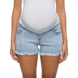 Foucome Maternity Jean Shorts Wide Elastic Band Maternity Shorts for Women Denim (Light Blue, L)