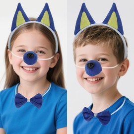 Moikolok Blue Dog Ears Headband and Tail, Dog Costume Family, 4PCS, Bow Tie, Nose, Birthday Decorations, Accessories Set of 5