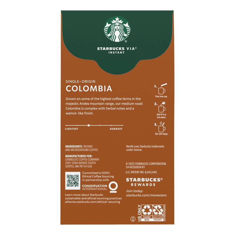 Starbucks VIA Instant Coffee, Medium Roast Coffee, Single-Origin Colombia, 100%