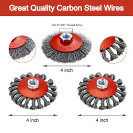 AUPREX 4 1/2" Angle Grinder Wire Wheel Set - 4 Inch & 3 Inch Knotted Coarse Crimped Wheels, Cup Brush with 5/8-11UNC Threaded Arbor