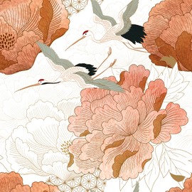 VEELIKE Oriental Japanese Crane Peel and Stick Wallpaper Vintage Floral Wallpaper for Bedroom Living Room Bathroom 17.7''x118'' Removable Crane Birds Wall Mural Self Adhesive Contact Paper for Walls