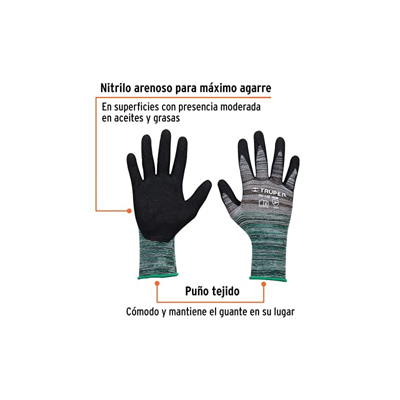 Truper GU-132, Guantes de nylon recubierto de nitrilo, máximo agarre,
