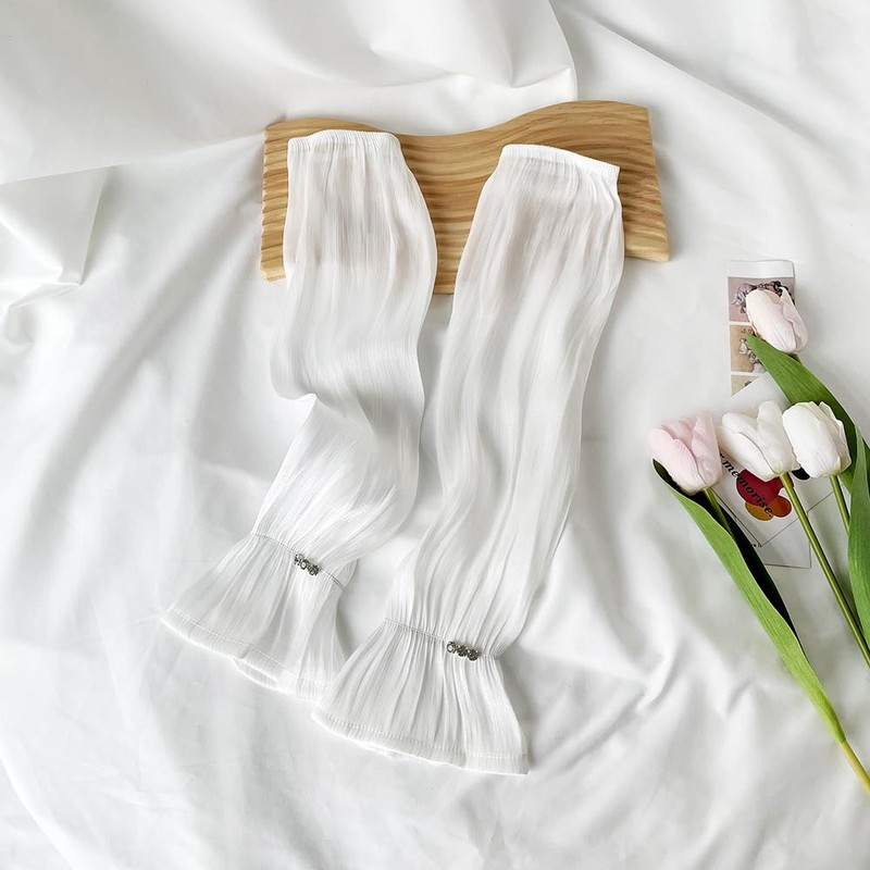 [AICHENS] Women's See-Through Arm Cover with Bowknot, White/Pink, Fingerless Gloves,