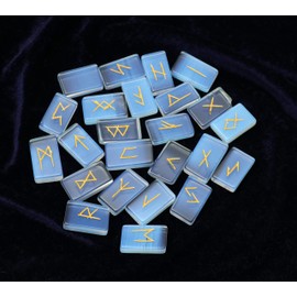 Opalite Rune Stones Set - Polished Stone Elder Futhark Witchcraft Supplies Gemstone Runes Viking Spiritual Stones Norse Pagan Engraved Crystals Divination Tools for Healing Brick Shape (25 Pcs)