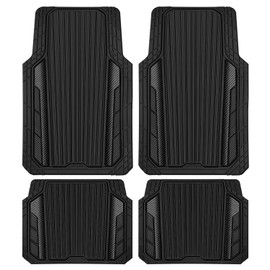 CAR PASS Heavy Duty Rubber Car Mats, Deep Dish All Weather Car Floor Mats Full Set, Waterproof Anti-Slip Sporty Automotive Mats Trim to Fit for Sedans SUVs Trucks, 4-Piece Carbon Fiber Black