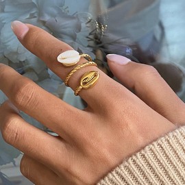 Layered Sea Shell Statement Ring for Women Gold-Toned Stainless Steel Fashion Adjustable Stacking Open Wide Wrap Finger Rings Beach Wedding Holiday Jewelry