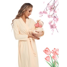 QTECLOR Maternity Robe with Matching Swaddle Blanket Set,Maternity Barhrobe Delivery Labor Robe for Hospital Women Dress