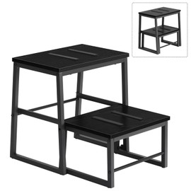 LIANTRAL 2 Step Stools for Adults & Kids, Heavy Duty 2-in-1 Stepping Stools Adjustable Retractable Wooden Stool, Metal Frame, Non-Slip Bedside Foot Stool, for Bed, Kitchen, Bathroom, RV Step - Black