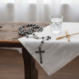 Nazareth Store unisex-adult Hematite Rosary Black Stone Beads Necklace with Jerusalem Holy Soil & Cross Antique Religious Rosaries Beads Collection (Silver Color Chain)