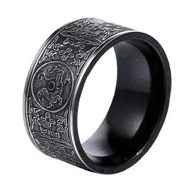 PAMTIER Stainless Steel Vintage Black Ring for Men Chinese Ancient 4 Guardian Beasts Signet Band Size 12