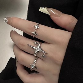 GIGB PBDK Silver Y2k Star Open Ring Set for Women Stackable Irregular Rhinestone Star Knuckle Ring Fashion Sparkling Ring Wedding Jewelry Accessory(Silver)